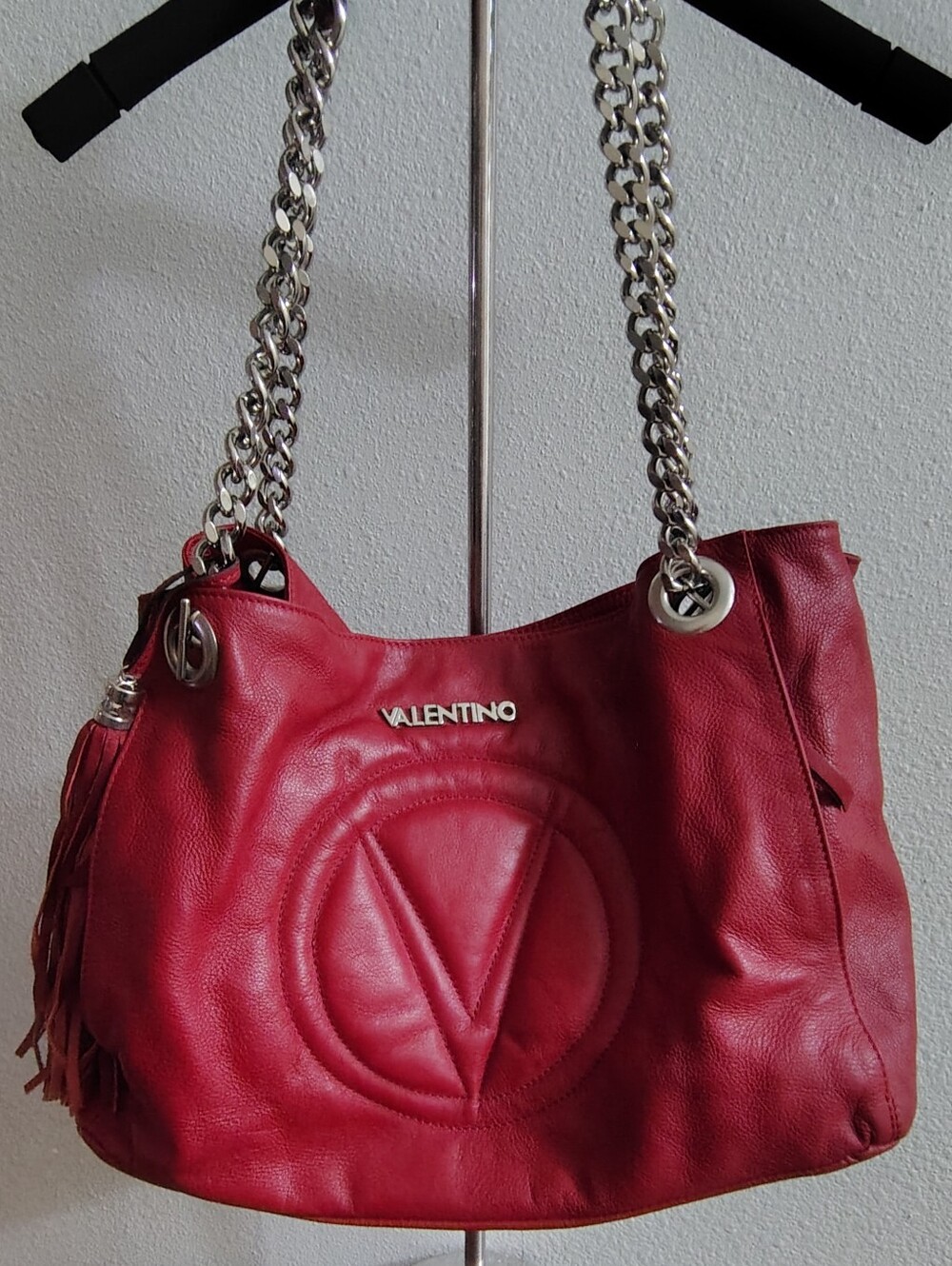 Valentino By Mario Valentino Red Leather Shoulder Bag with Silver Toned Chain